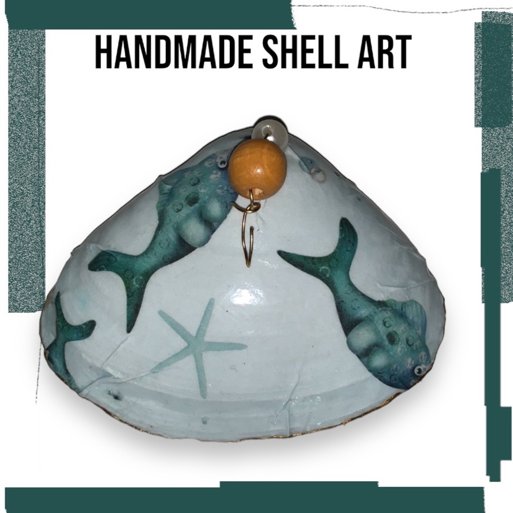 Handcrafted Decoupage Fish & Hook seashell Trinket Dish & Accent Piece.